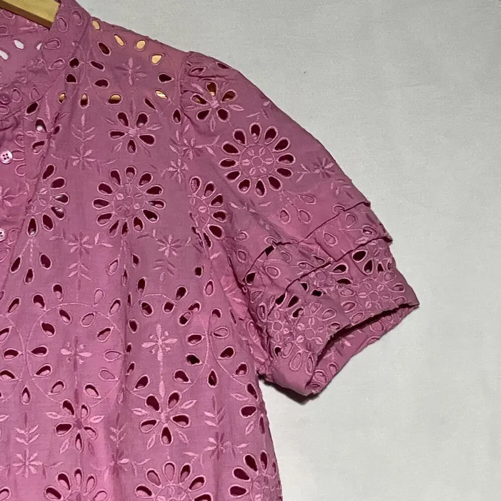 J Crew Puff Sleeve Popover Top in Eyelet Womens Small Pink Embroidered Blouse